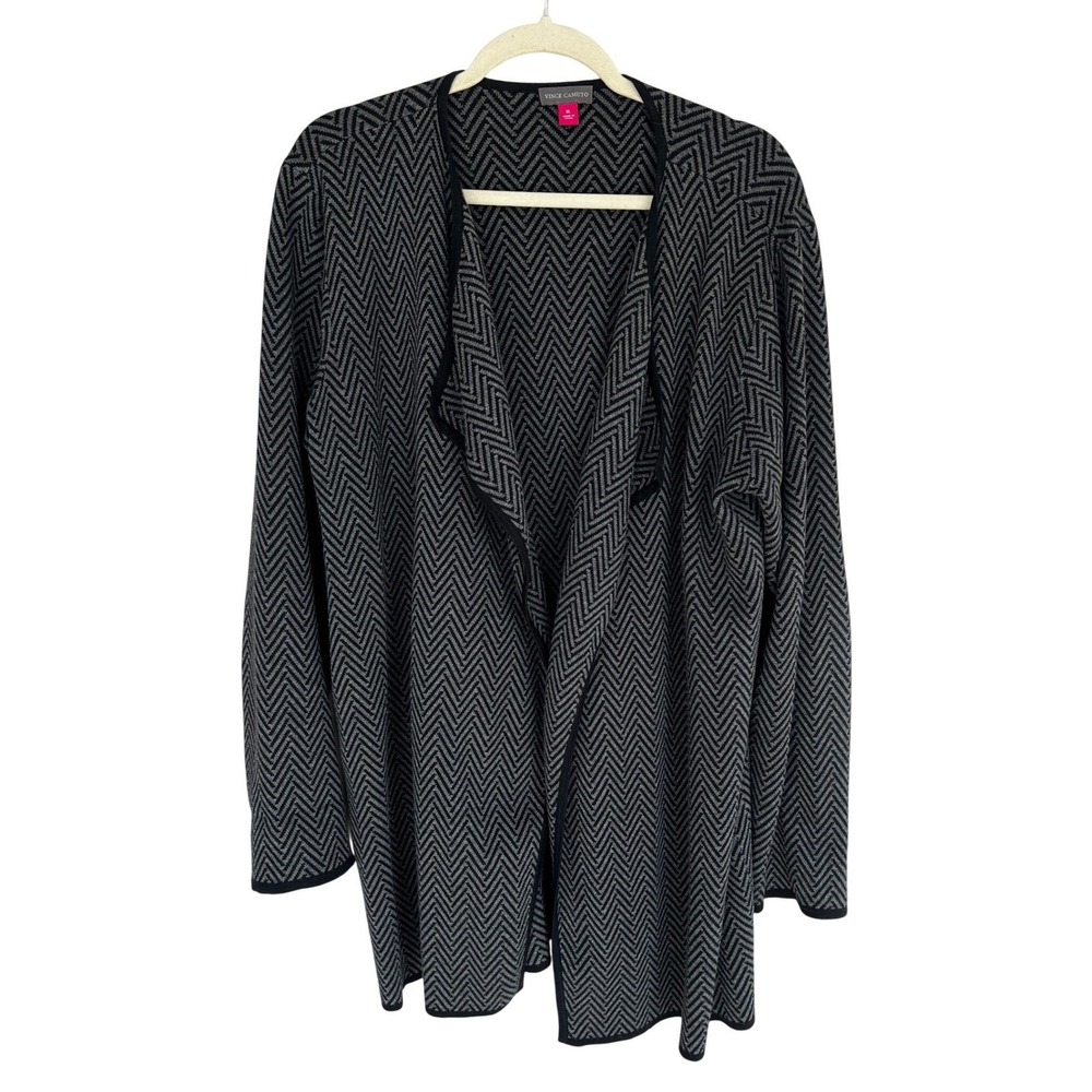 Vince Camuto Chevron Cardigan XL Grey Black Herringbone Cotton‎ Sweater Open